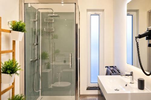 a bathroom with a glass shower and a sink at Les Suites de Nanesse in Liège