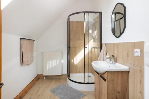 a bathroom with a sink and a glass shower at Ad Matrem in Zubrzyca Dolna