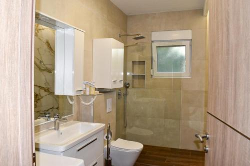 a bathroom with a sink and a toilet and a shower at Villa Blanco in Mostar
