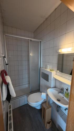 a bathroom with a shower and a toilet and a sink at Landhotel Eifelblick in Stadtkyll