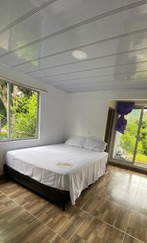 a bedroom with a bed in a room with windows at Santo Cristo in Tena