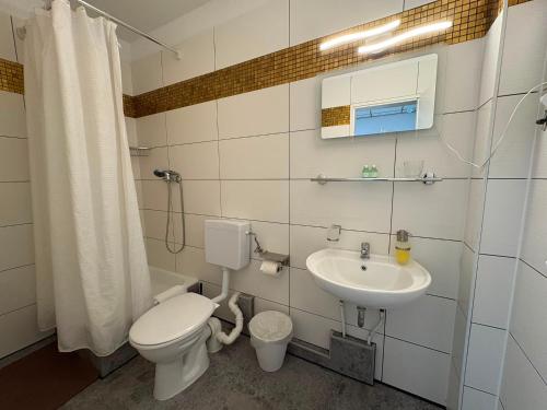 a bathroom with a toilet and a sink at Art Rock Airport in Cologne