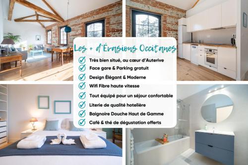 a collage of photos of a bedroom and a kitchen at Évasions-Escapade, centre-ville, gare in Auterive