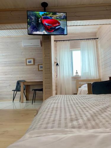 a bedroom with a bed and a television on the wall at Еко апартаменти DOM Art in Ovruch