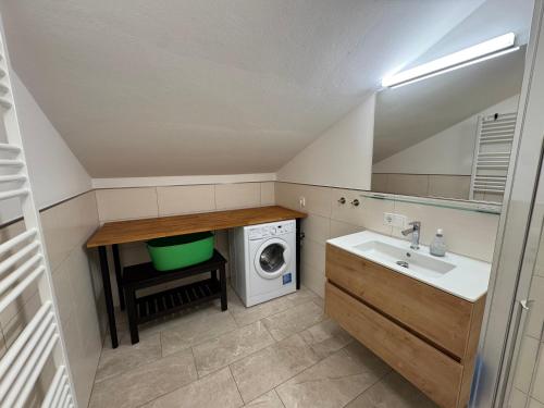 a small bathroom with a washing machine and a sink at Haus Vera in Zell am See