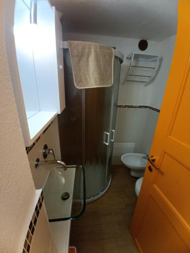 a small bathroom with a shower and a toilet at PortoPollo SurfHouse C in Barrabisa