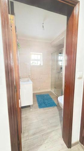 a bathroom with a shower and a sink and a toilet at Recanto da Paz in Pombal