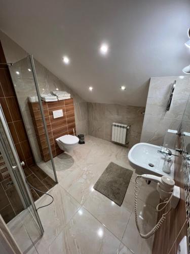 a bathroom with a shower and a sink and a toilet at Penzion Fryštátská Chalupa in Karviná