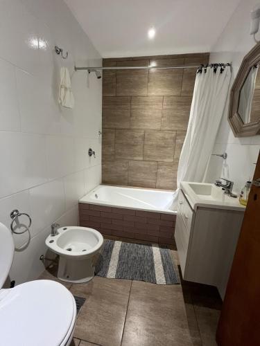 a bathroom with a toilet and a tub and a sink at Apart Santa Ana in Santa Ana