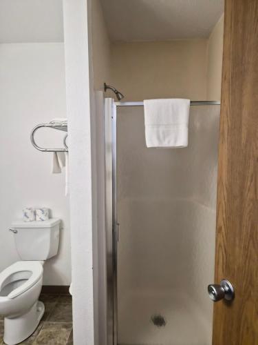 a bathroom with a toilet and a glass shower stall at Drayton Inn in Drayton