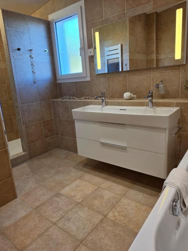 a bathroom with a sink and a mirror and a tub at La parenthèse du lac in Bevaix