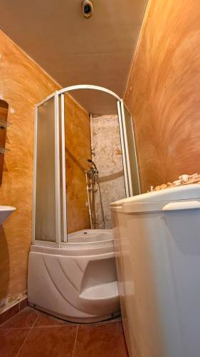 a bathroom with a white toilet and a shower at Joni Mot in Goris