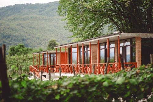 a house with orange rails and windows in a vineyard at Jvarisa cottages in Bugeuli