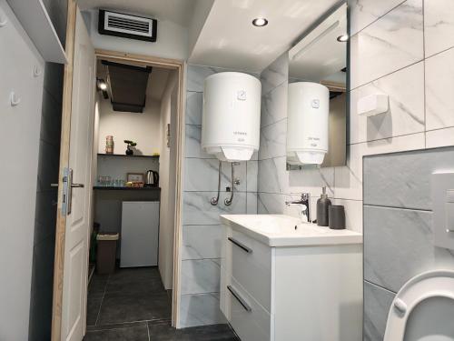 a bathroom with a sink and a mirror at Apartments Guinness in Sarajevo