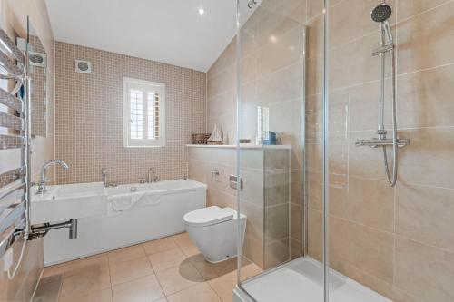 a bathroom with a shower and a toilet and a sink at House 38 in Looe