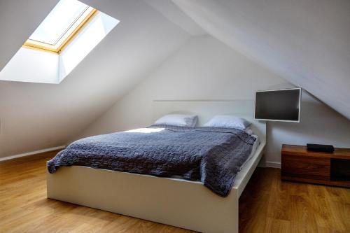 a bedroom with a bed and a skylight at LR10 Dom Wakacyjny in Lubogoszcz