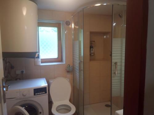 a bathroom with a washing machine and a toilet at Chalupa U Tety v Bystrém in Dobruška