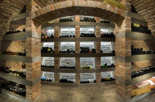 a room with a wall of wine bottles at Apartmány Vinařství Václav in Hustopeče