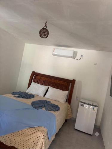 a bedroom with a bed with blue sheets and a fan at Chalé Canto do Rio in Santo Amaro