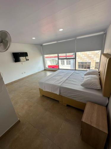 a bedroom with a large bed and a large window at Hotel Central Park Cartago in Cartago