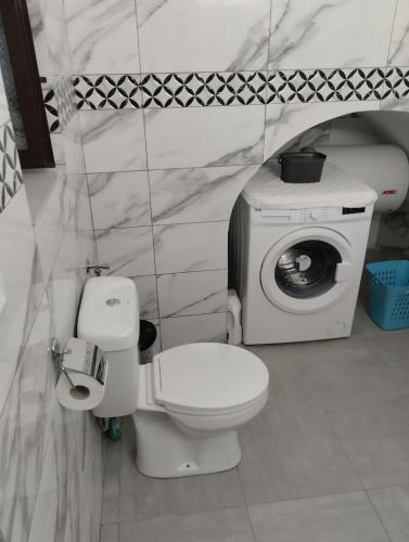 a bathroom with a toilet and a washing machine at Mastic lithos house in Chios