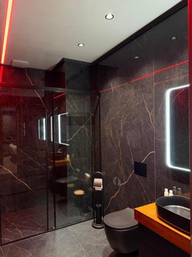 a bathroom with a shower and a toilet and a sink at family-haven in Tirana