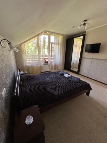 a bedroom with a large bed and a large window at Готель in Yaremche