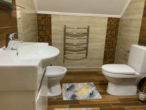 a bathroom with a toilet and a sink at Пентхаус РіОНі Трускавець in Truskavets