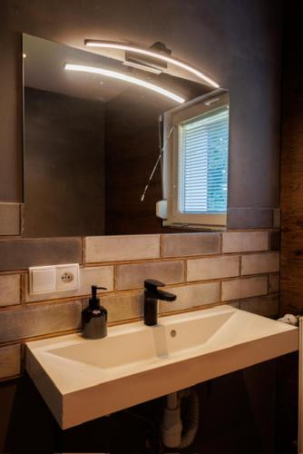 un baño con lavabo y espejo en Rezydencja PPPR, 