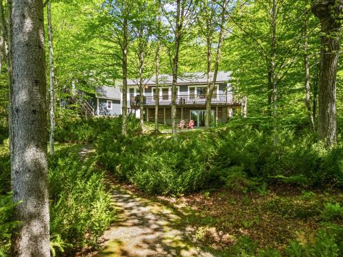 a house in the woods with a path in front of it at Waterfront cabin w/ outdoor firepit, dock, and lake views - dogs welcome in Greenville
