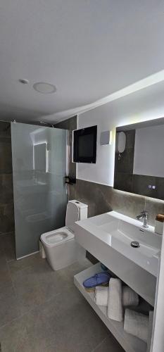 a bathroom with a sink and a toilet and a tv at Sky Chalet in Ndërlysaj