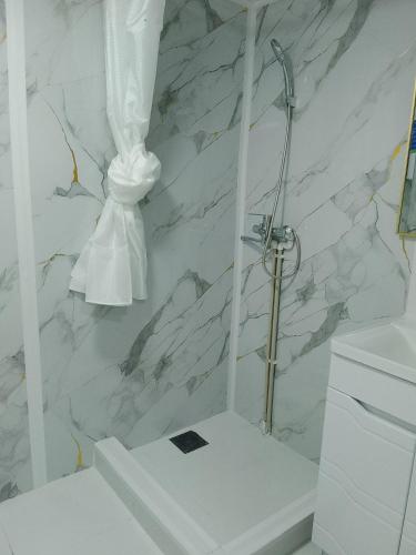 a shower in a bathroom with a marble wall at Madriel Eko Retreat in Bokonbayevo