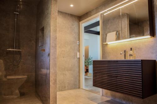 a bathroom with a shower and a toilet and a sink at Villa Circus in Halmstad
