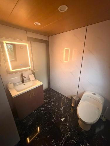 a bathroom with a white toilet and a sink at La Estela NatureSuite in Mazamitla