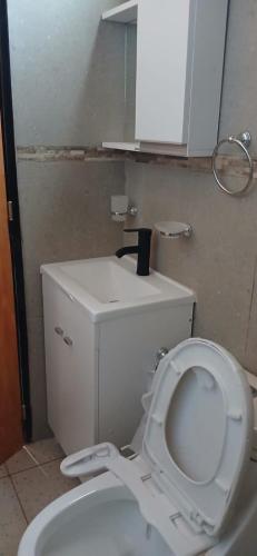 a bathroom with a white toilet and a sink at lo de la Gri in El Volcán