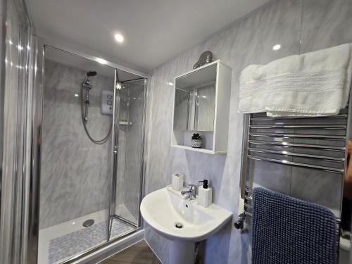 a bathroom with a sink and a shower at Haybow Farm Accommodation in Rolstone