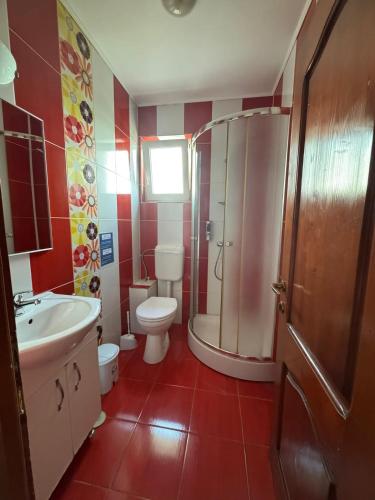 a bathroom with a toilet and a shower and a sink at Casa Sidor in Baile Felix