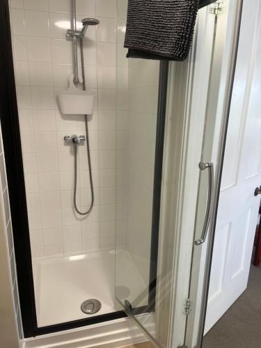 a bathroom with a shower with a glass door at Tor Royal Farm House in Princetown
