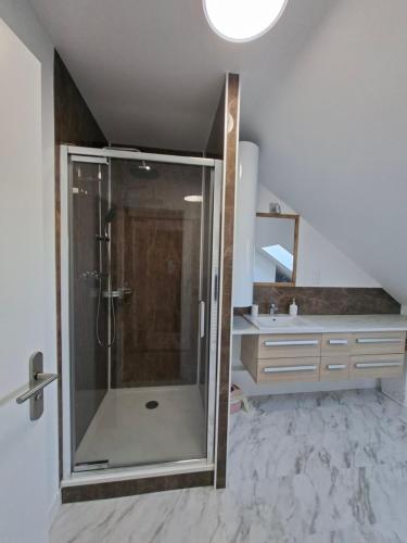 a bathroom with a shower and a sink at Aux Ogiers in Croix