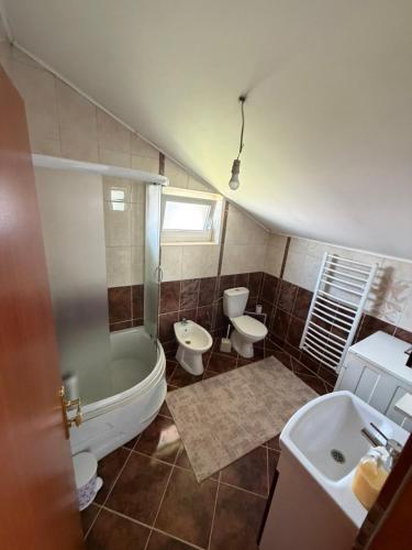 a bathroom with two toilets and a tub and a sink at Dino's Apartments in Plav