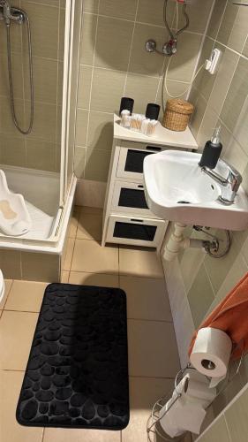a bathroom with a sink and a toilet and a shower at Chata Sandra in Revúca