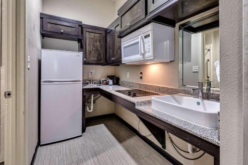 a kitchen with a white refrigerator and a sink at Humble Inn & Suites in Humble