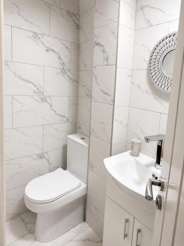 a white bathroom with a toilet and a sink at Studio 38 in Leicester