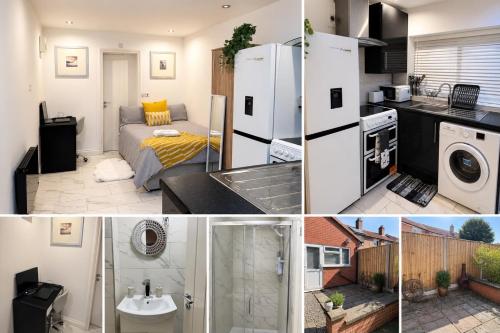 a collage of photos of a kitchen and a living room at Studio 38 in Leicester