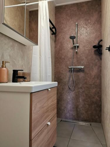 a bathroom with a shower and a sink at Sfeervolle Studio 't kapucijntje Ossendrecht, near Antwerp in Ossendrecht