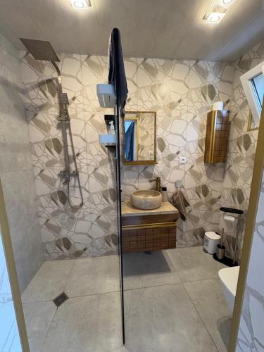 a bathroom with a shower with a sink and a mirror at Ninika B&B Utsera in Oni