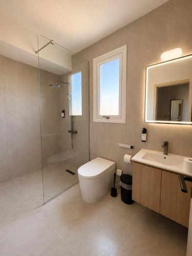 a bathroom with a shower and a toilet and a sink at Valentino By ERMASS ex Valentinos Apts in Paphos