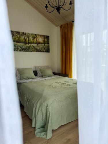 a bedroom with a bed with a green blanket at Žalčio guolis in Lekėčiai