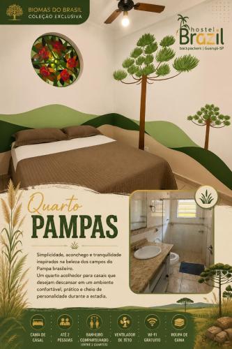 a magazine advertisement for a bedroom with a tree on the wall at Pousada Hostel Brazil Backpackers in Guarujá