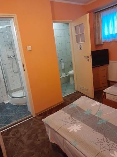 a room with two beds and a bathroom with a shower at Pokoje Slomkowscy in Łódź